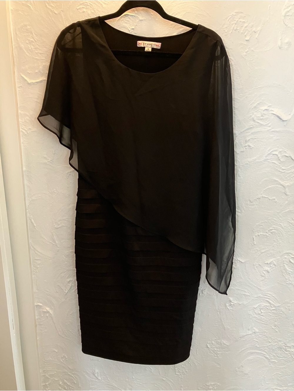 Aa Studio Black Asymmetric Chiffon Overlay Sheath Dress